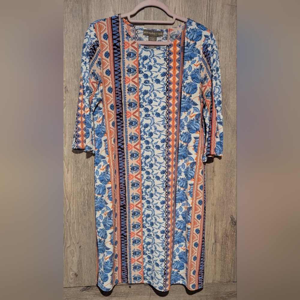 Elegant Long Sleeve Dress with Blue and Orange Patterns